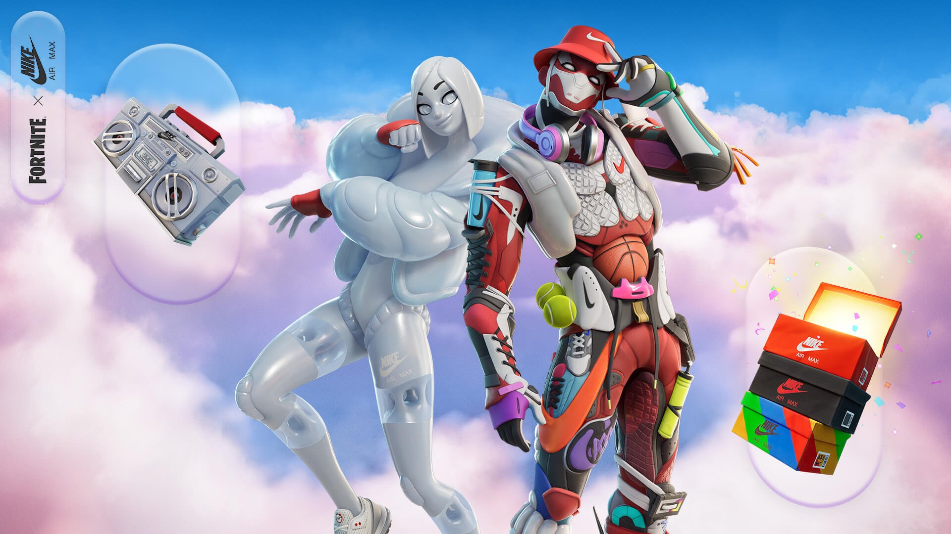 digital poster of two robotic characters from the Nike Airphoria digital universe on a clouds background