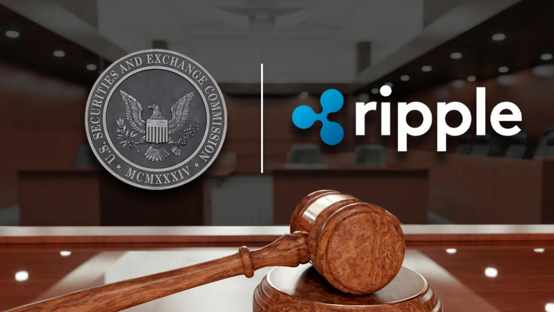 logotipos de la SEC y Ripple, impuestos en una mesa de jueces, lo que implica la demanda XRP