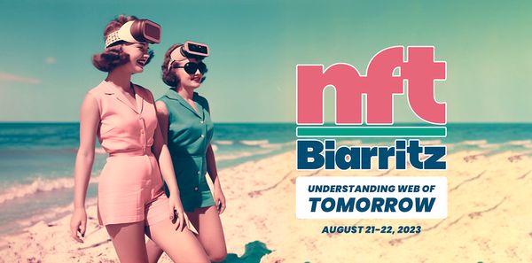 1950s image of people walking on beach wearing VR headsets for NFT Biarritz