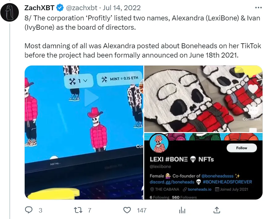 Capture d'écran Twitter de la preuve de la traction du tapis Boneheads exposée par ZachXBT 