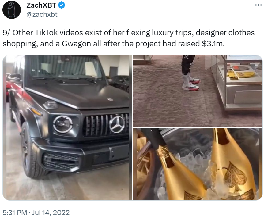 Captura de pantalla de Twitter de evidencia de minería de alfombras por ZachXBT