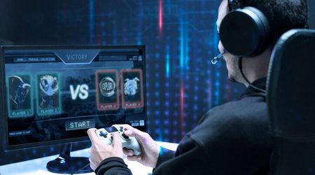 a human player playing a futuristic game on the computer against AI, implying web3 gaming and AI technology advancements
