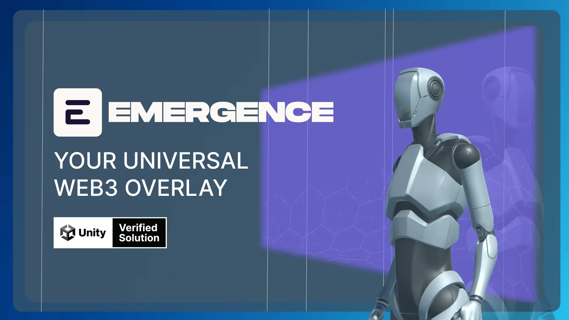 logos for Emergence and Unity alongside a robot avatar mirrored on two sides of a screen, implying interoperable gaming 