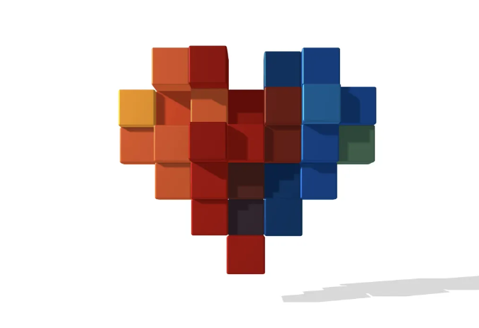 a blocky colourful heart created by artist snowfro