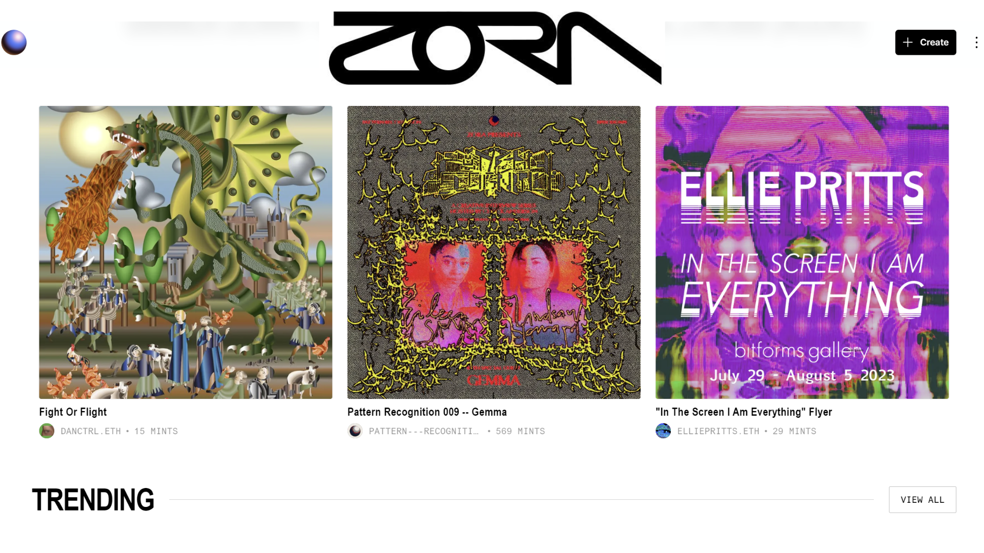 Zora Logo and NFT marketplace screenshot
