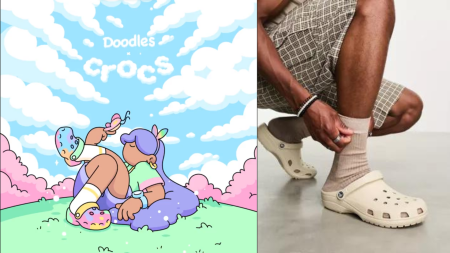 An image of a colorful poster announcing Doodles x Crocs collaboration