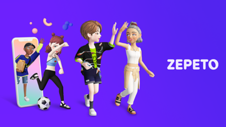 a picture of characters from the Zepeto metaverse besides the company logo