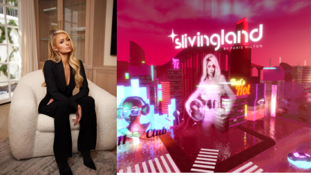 picture of Paris Hilton next to what is now her own roblox metaverse 'Slivingland'