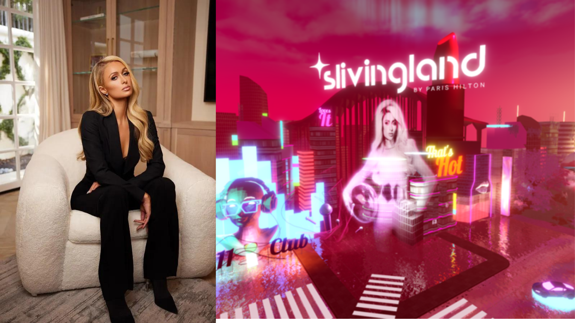 picture of Paris Hilton next to what is now her own roblox metaverse slivingland