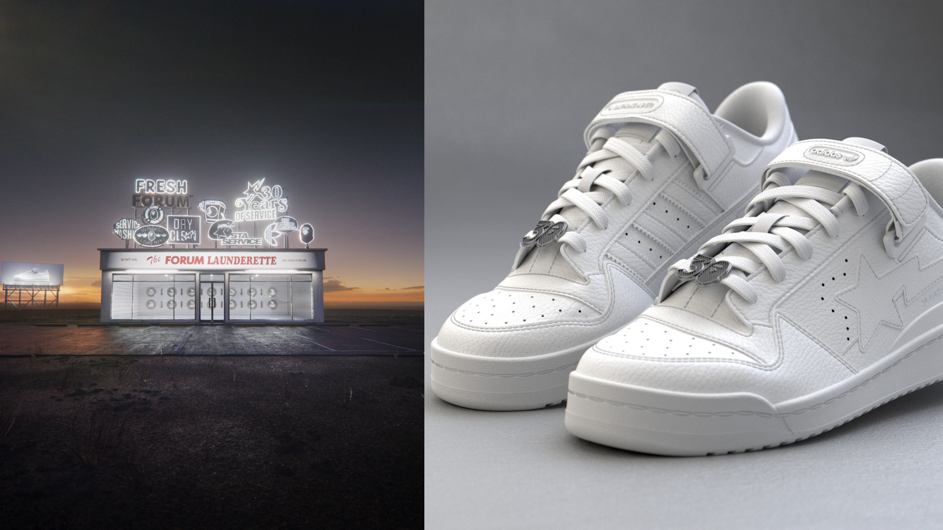 adidas x bape nft sneaker collaboration pictures depicting the Forum 84 BAPE® Low Triple-White sneakers 