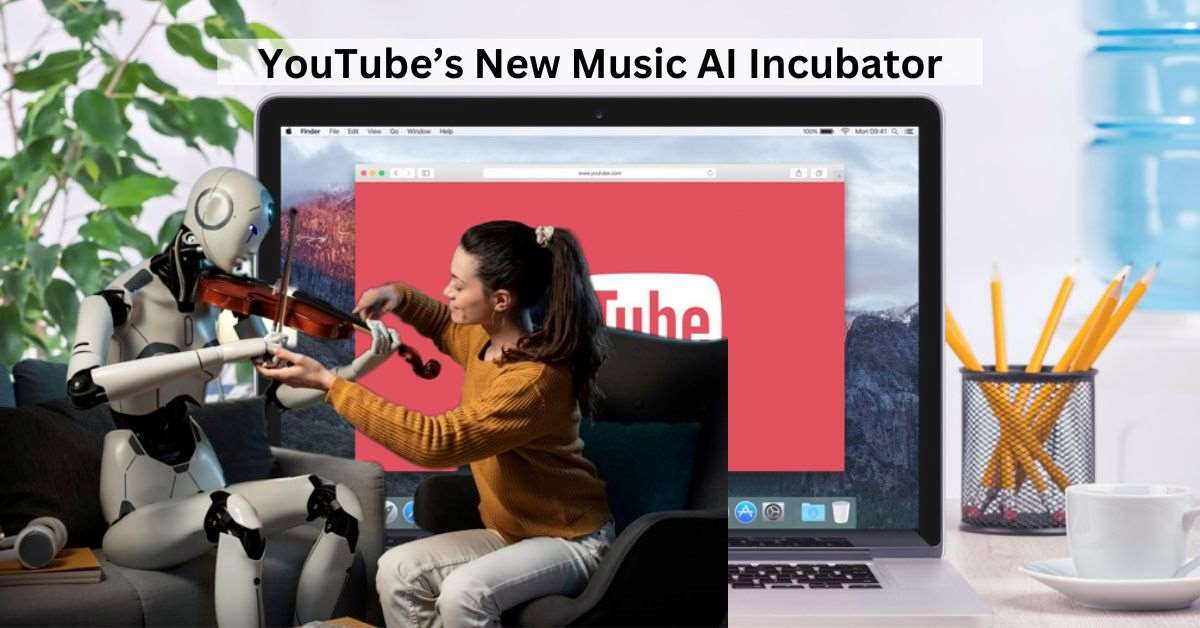 YouTube Thumbnail in the background of an AI robot playing Violin