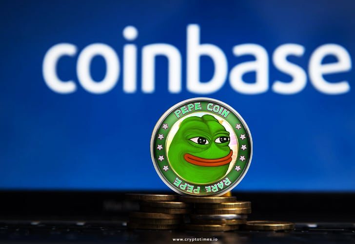 Pepe the frog meme coin token with coinbase logo on the background