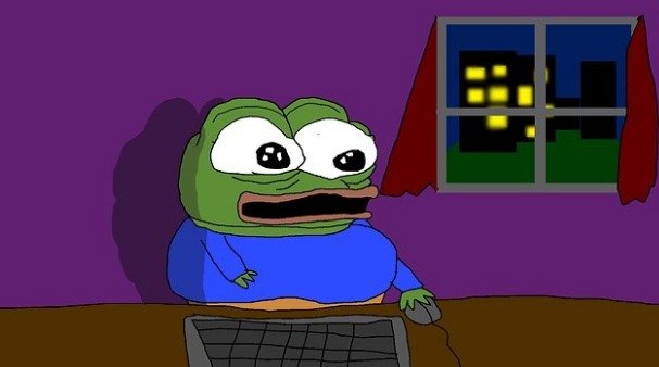 the iconic Pepe The Frog surfing its laptop with a surprised look on its face, implying the prices of the Pepe Coin