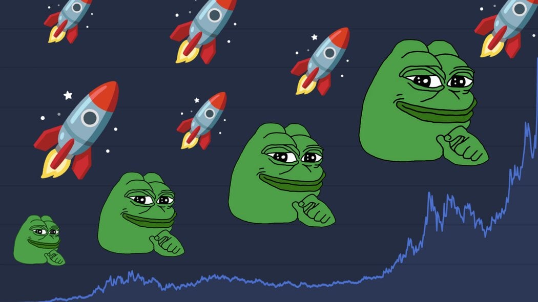 Images of Pepe The Frog with an upward trending stock chart in the background, implying how the prices of the coin boomed in its history as more people buy the coin, the image also has rocket emojis across it, implying an upward trend
