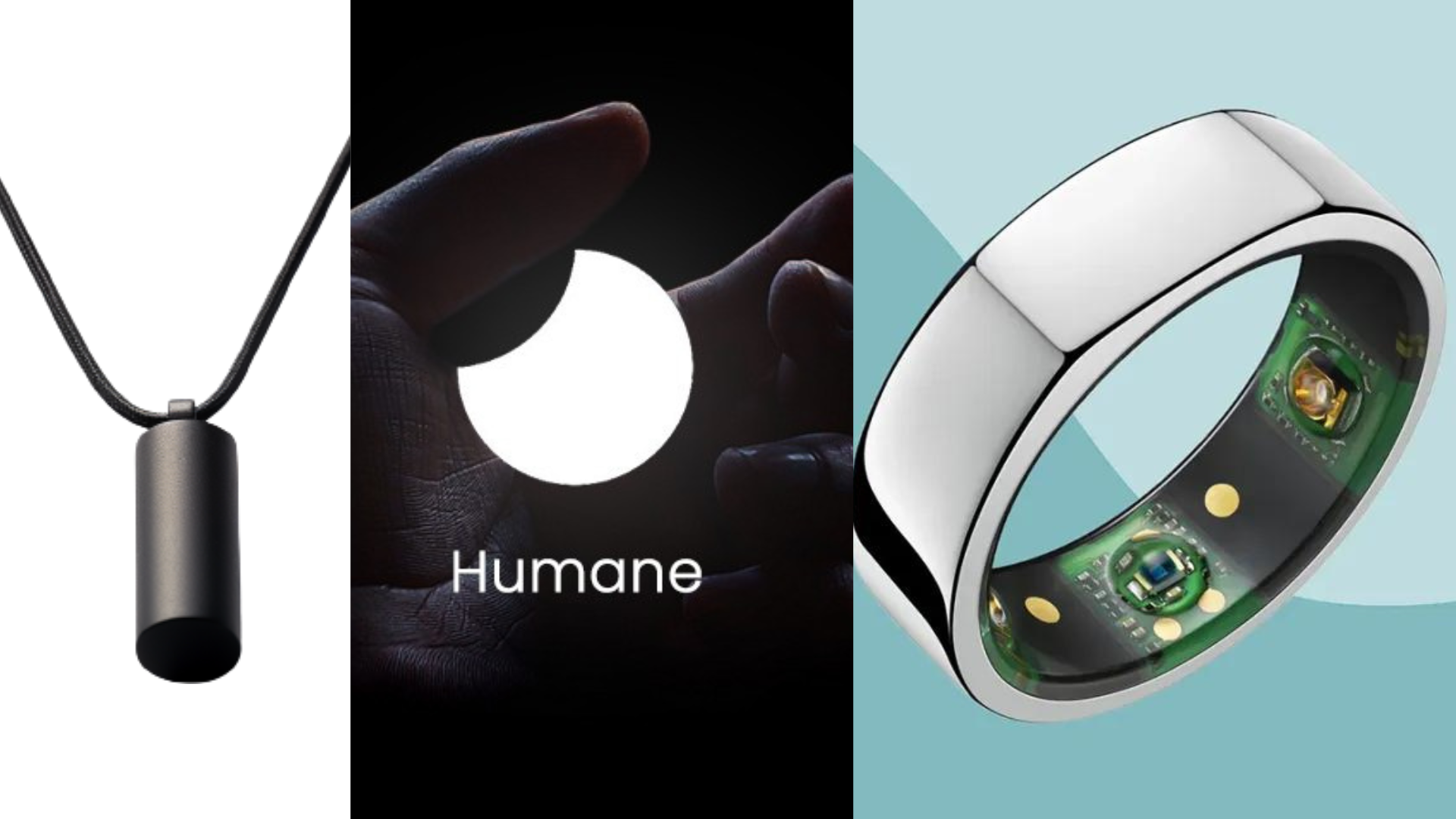 a collage of various wearable AI technology gadgets like Humane Pin, Oura ring etc
