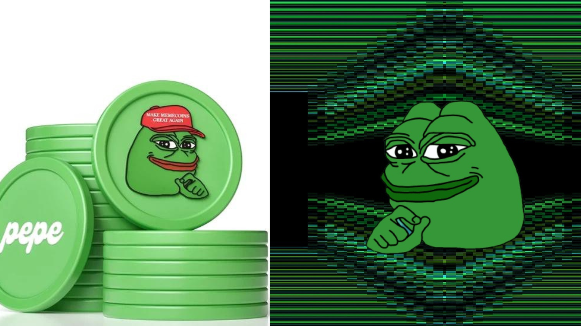 an AI generated of some green coins with the "Pepe the frog" logo on them, as an implied "how to buy guide" main poster