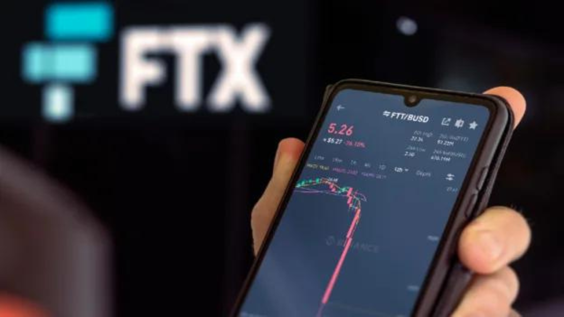 picture of a person holding up a phone that shows the crypto stock of FTX ($FTX) crashing to zero
