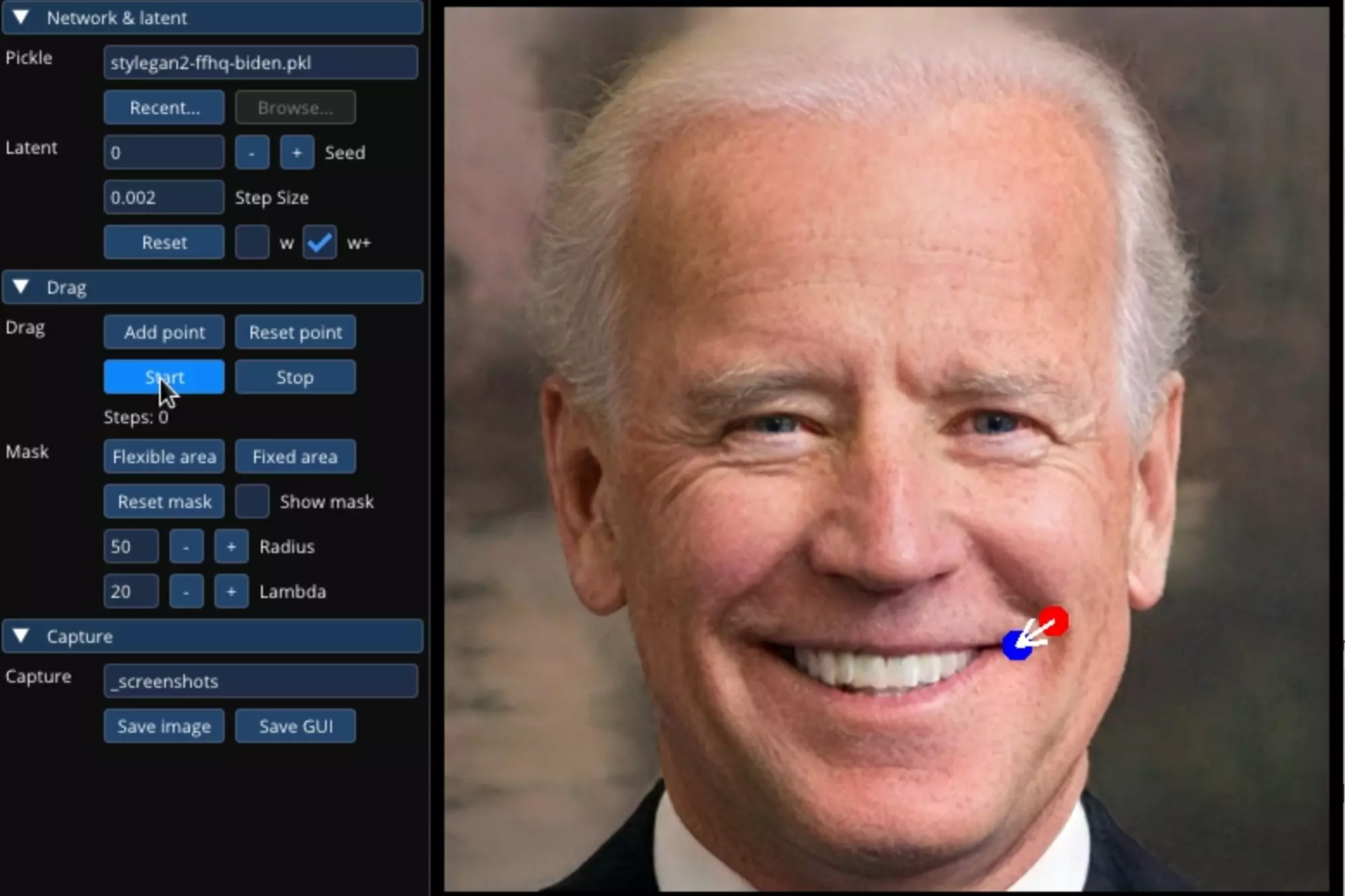 US President Joe Biden's AI Face on DragGAN editor
