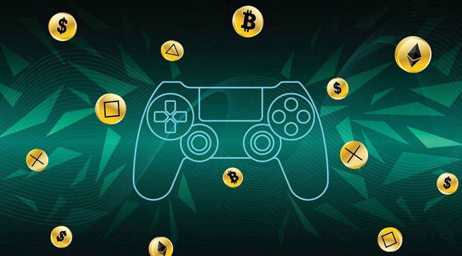 a gaming console surrounded by cryptocurrency coins, implying the blockchains impact on games and gaming in web3!
