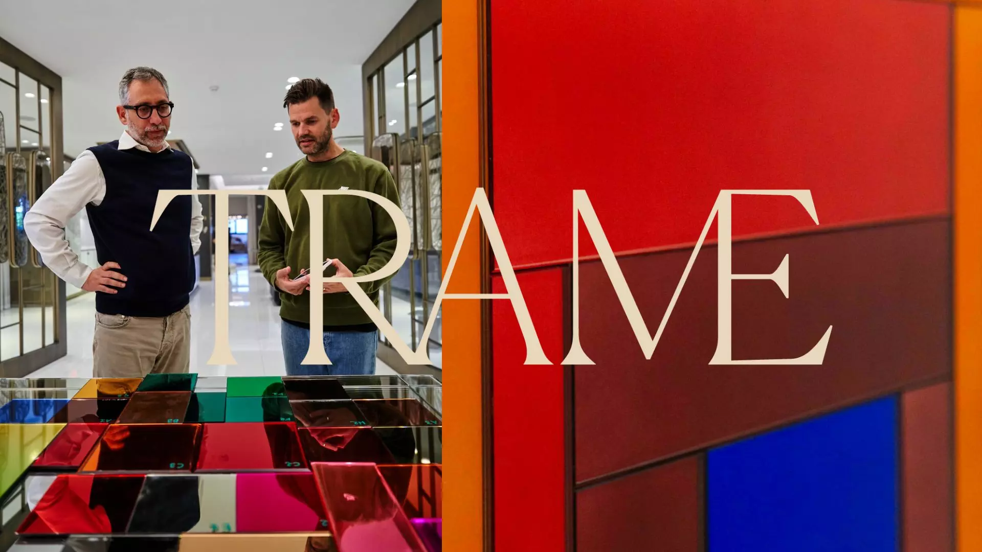 Photos of TRAME artists Jeff Davis and Martin Grasser with their latest displays and the TRAME logo.