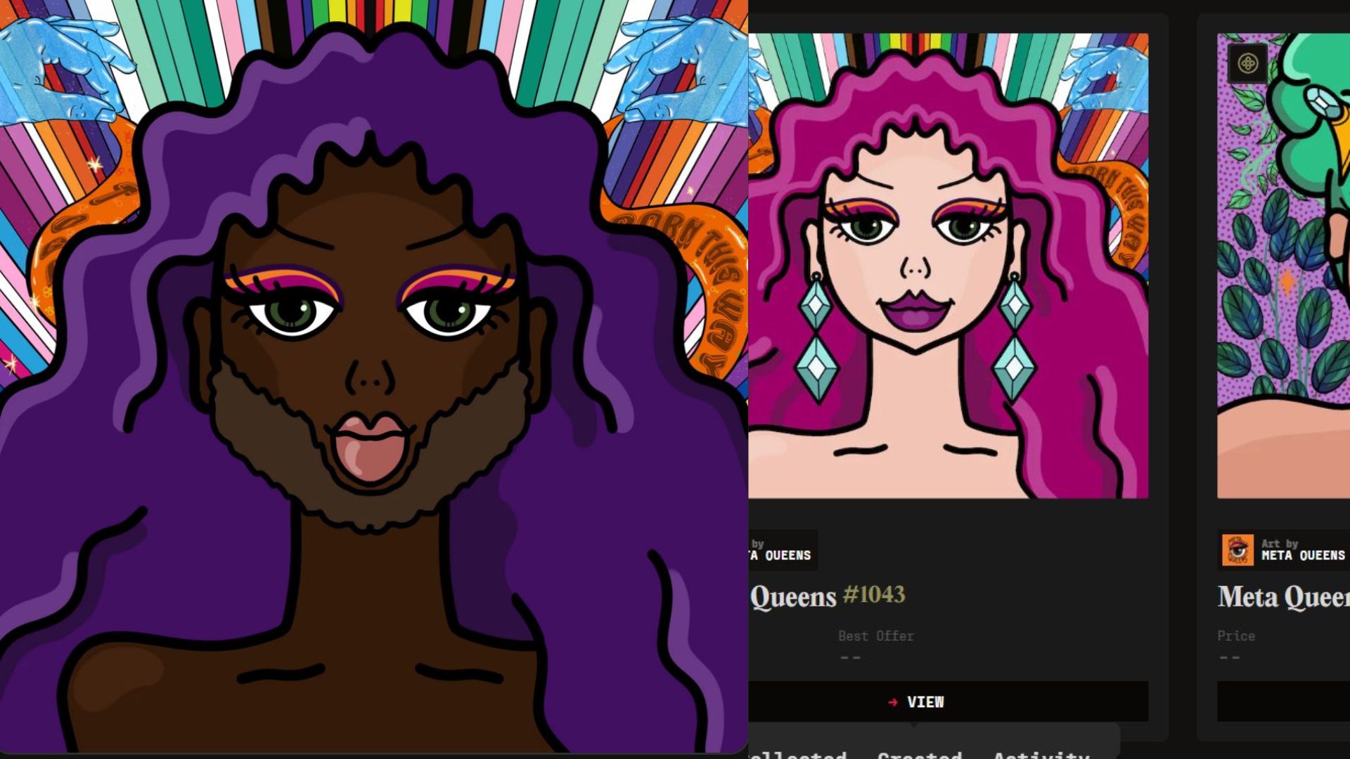 screenshots of drag LGBTQ art by meta queens on the prohibition marketplace