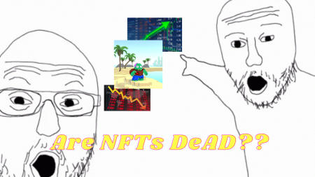 A Memeish depiction of two Wojak characters pointing to the "Kevin NFT" meme with stock charts showing up and down positions, implying the answer to the "Are NFTs Dead" question