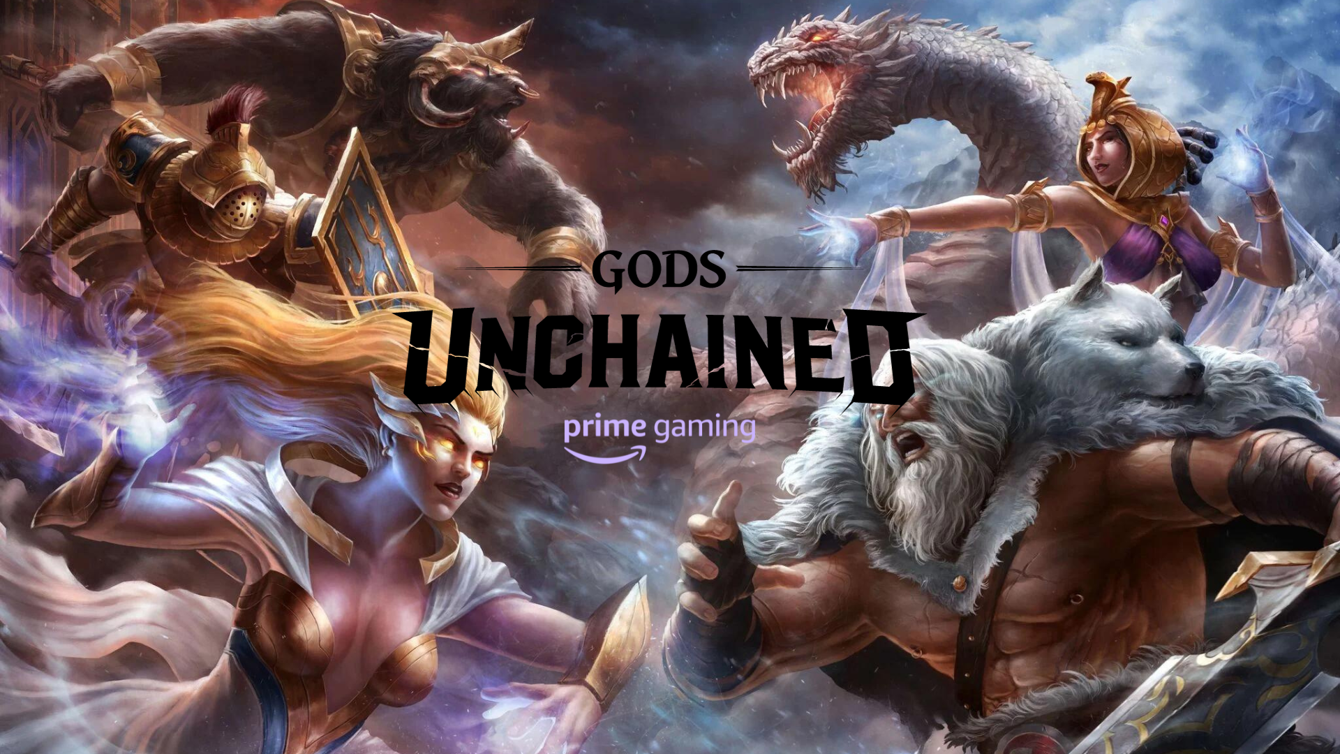 official collaboration poster for Gods Unchained & Amazon Prime Gaming, with the picture depicting both the company logo's on a GU game wallpaper