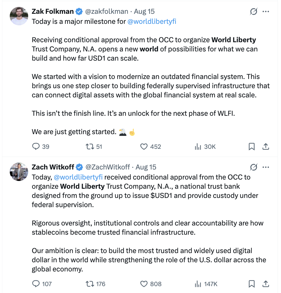 Posts by Zak Folkman and Zach Witkoff following the OCC decision