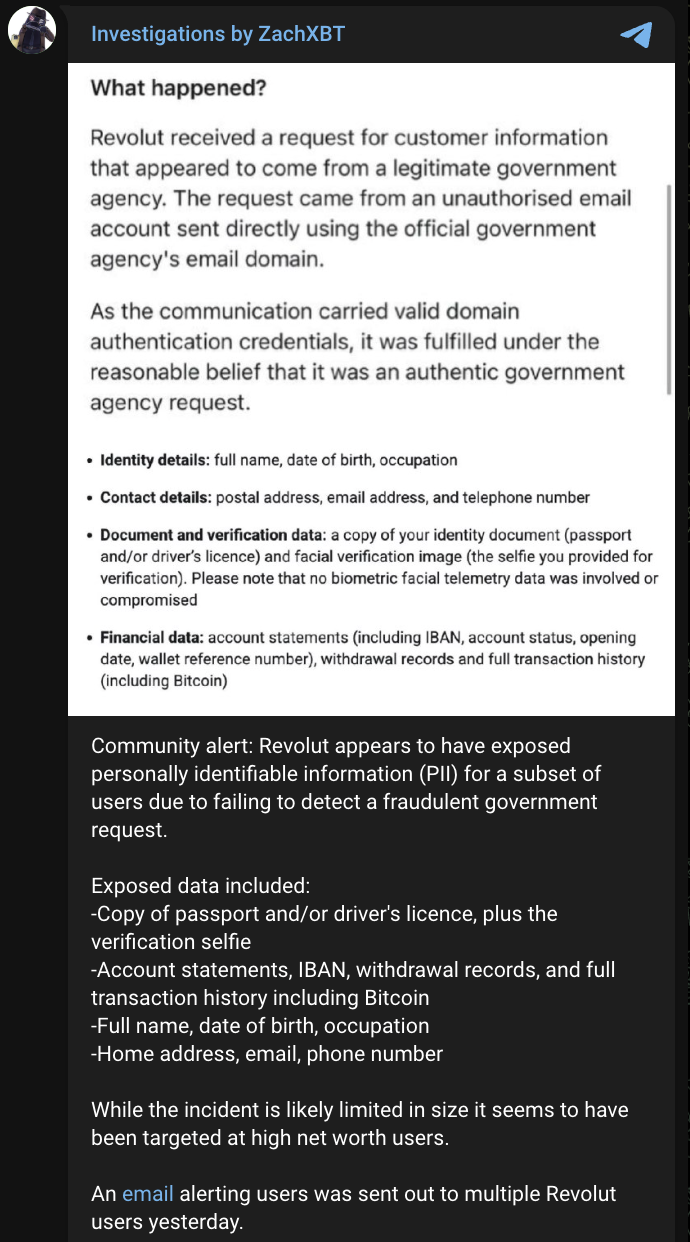 Revolut notification shared by ZachXBT