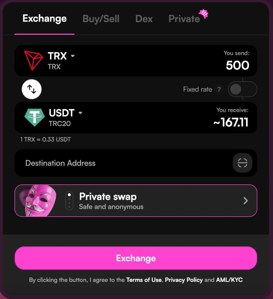 Complete an Accountless TRX to USDT TRC20 Swap